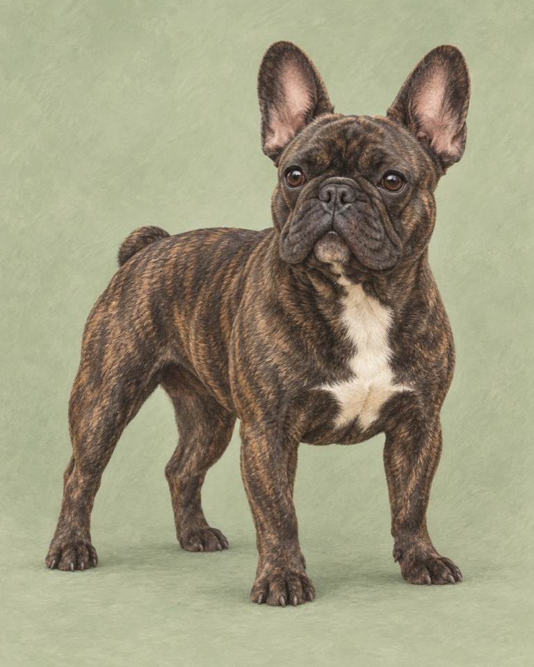 Editorial illustration of a brindle French Bulldog standing against a soft green background