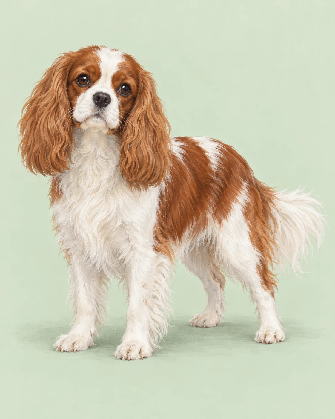 Cavalier King Charles Spaniel · Mittellang, seidig mit Befederung · Originalillustration des ganzen Hundes