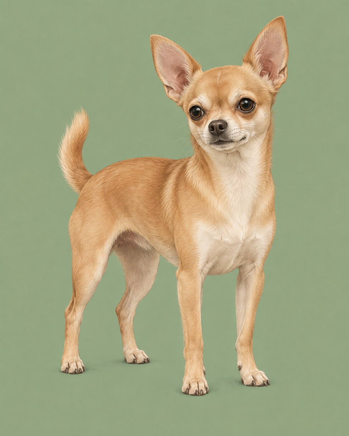 Editorial illustration of a fawn Chihuahua standing against a soft sage background