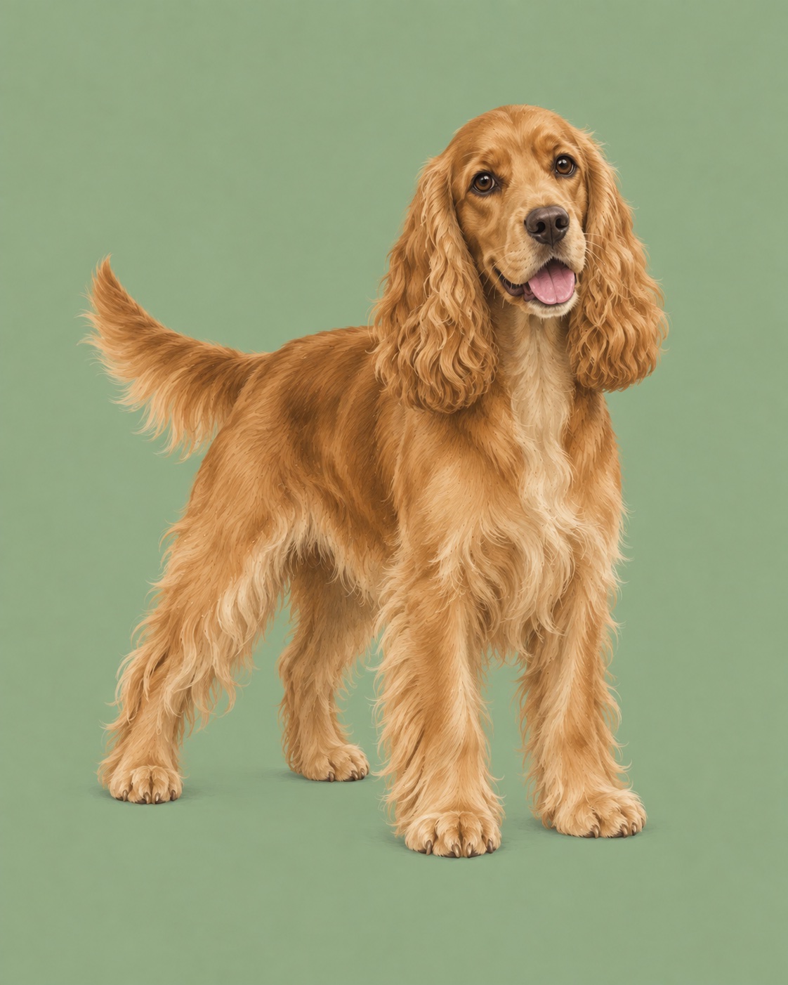 Ilustración editorial de un Cocker spaniel inglés dorado sobre un fondo verde salvia suave