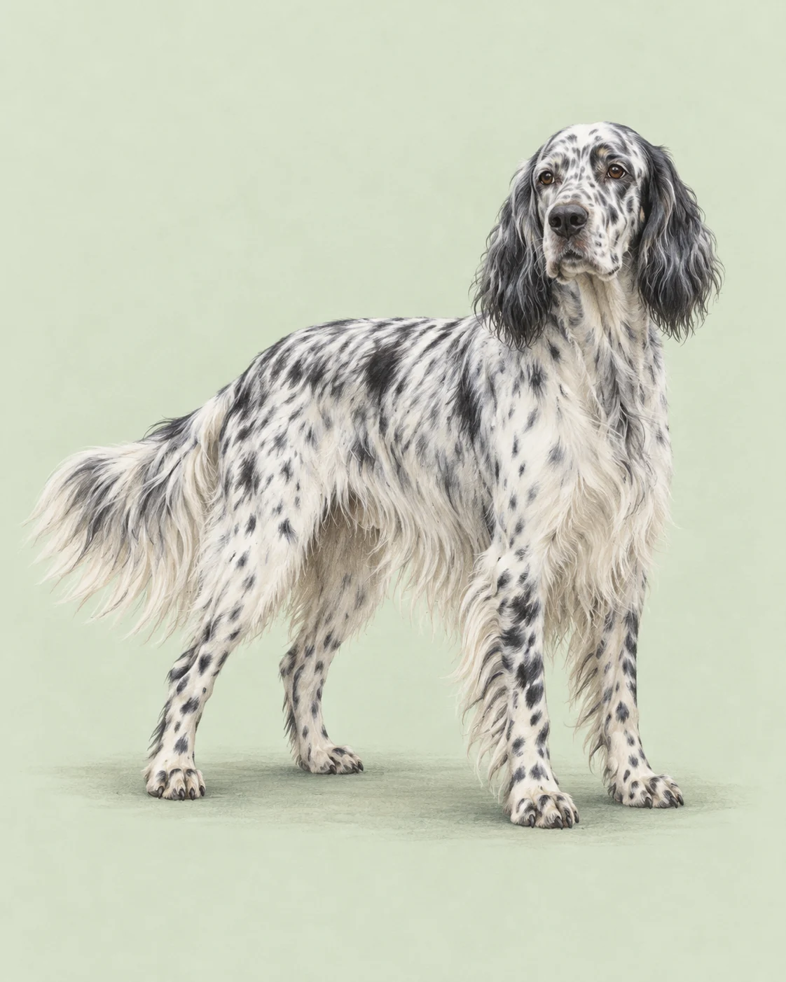 Setter inglés · Mediano, sedoso con flecos · Ilustración original de cuerpo entero