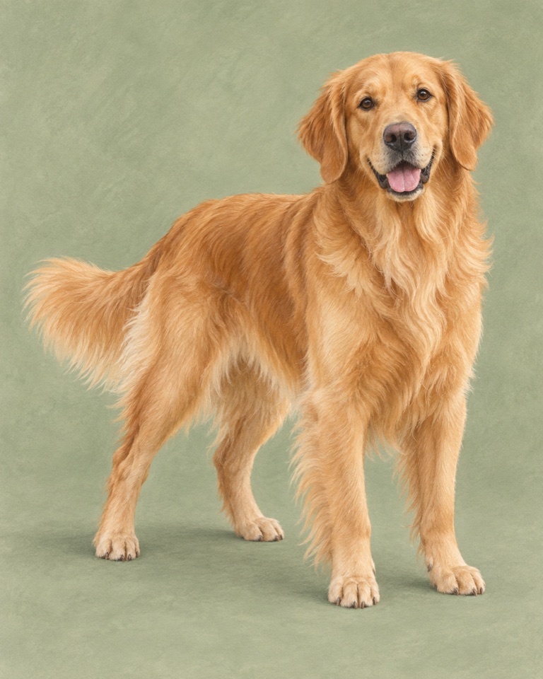 Editorial illustration of a Golden Retriever standing against a soft green background