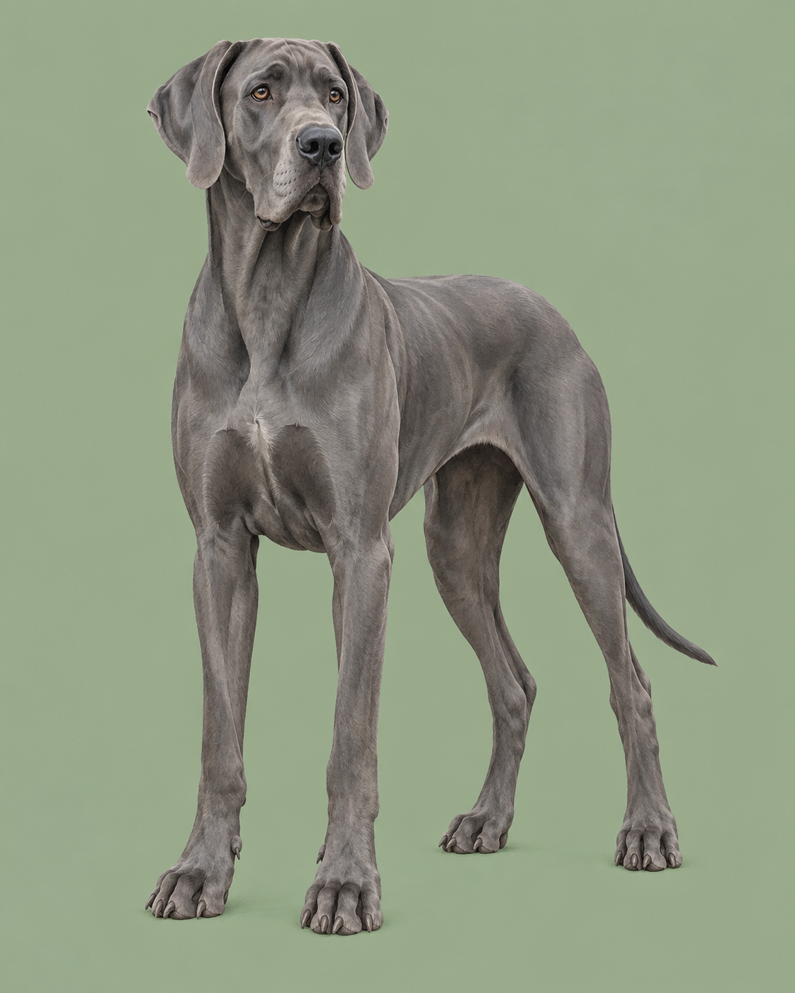 Editorial illustration of a blue-grey Great Dane standing against a soft sage background