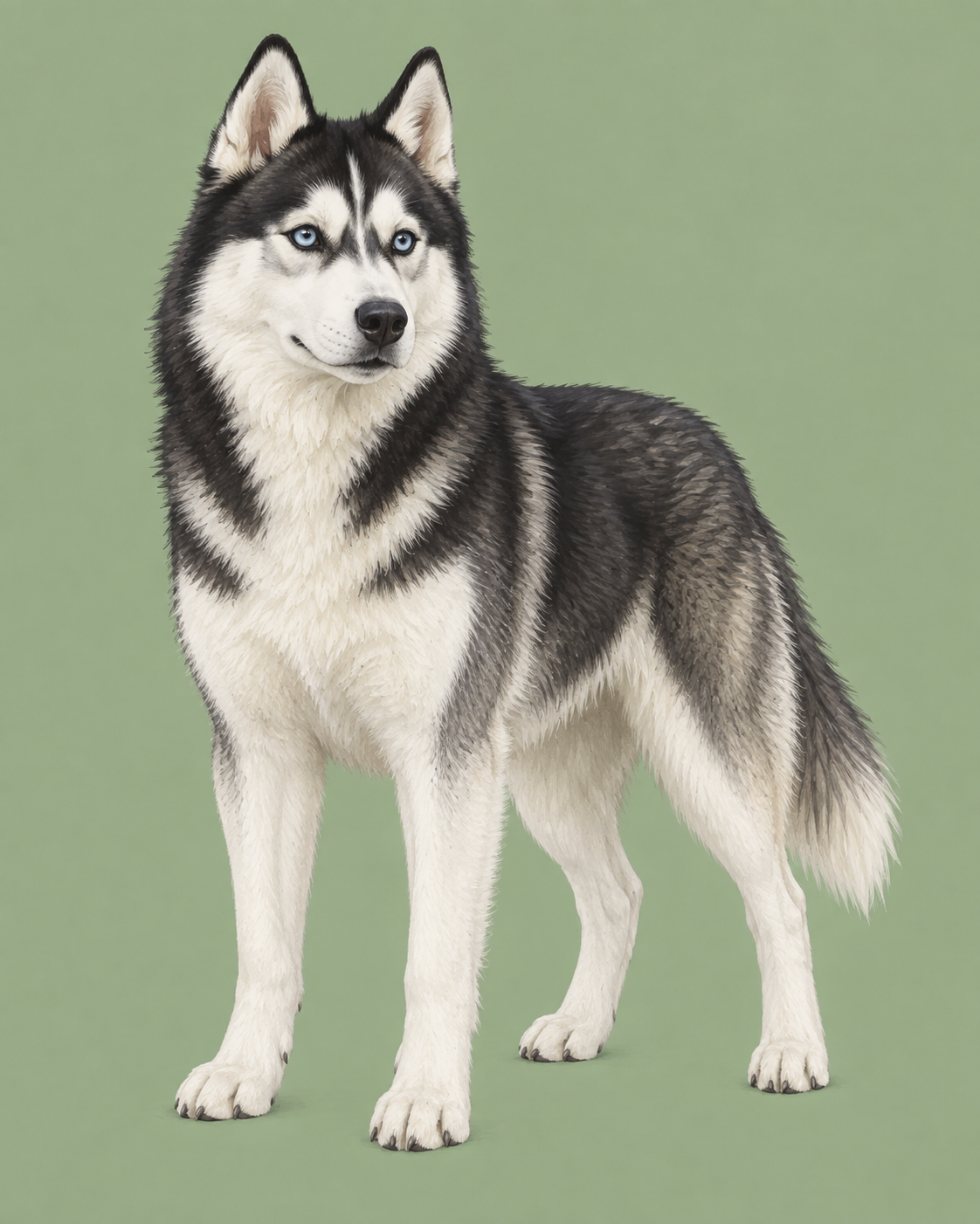 Editorial illustration of a black-and-white Husky standing against a soft sage background
