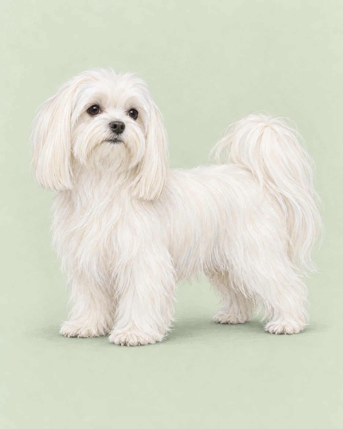 Malteser · Lang, weiß und seidig · Originalillustration des ganzen Hundes