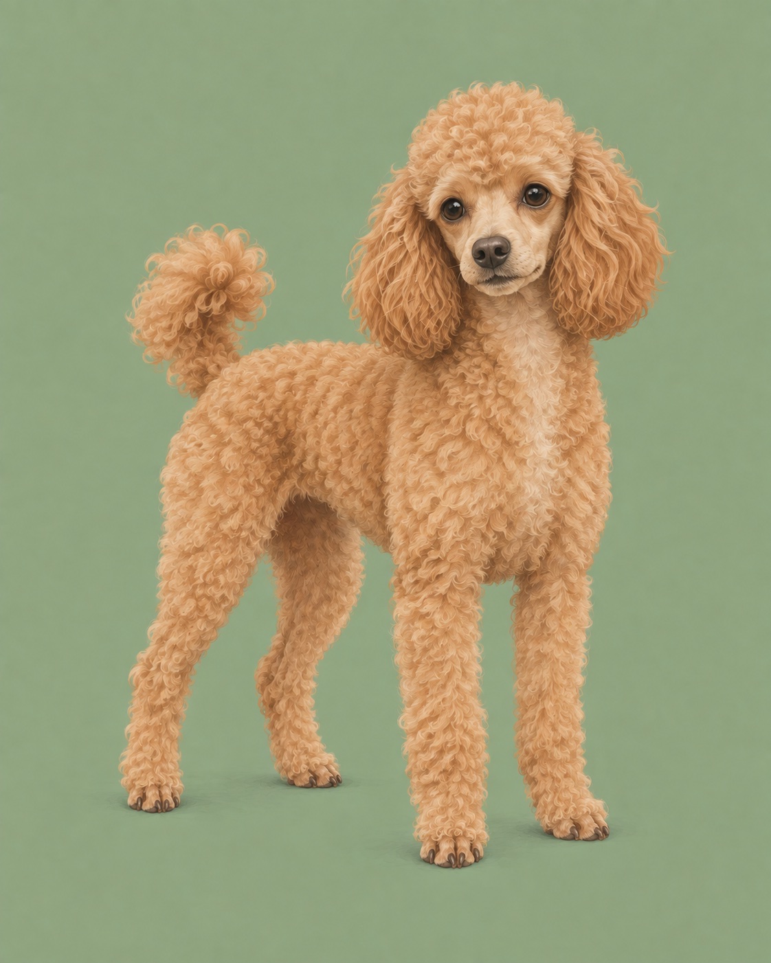 Editorial illustration of an apricot Miniature Poodle standing against a soft sage background