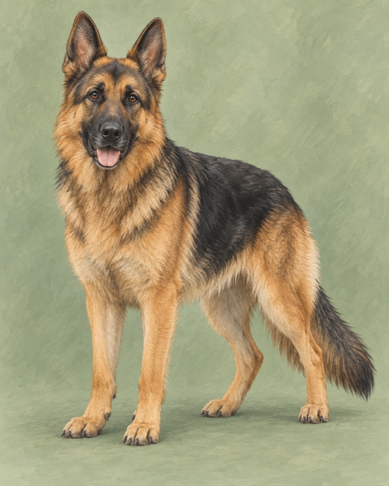 Editorial illustration of a German Shepherd Dog standing against a soft green background