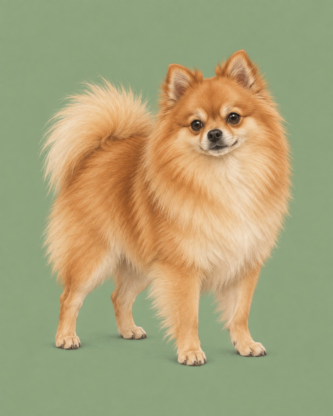 Ilustración editorial de un Pomerania naranja sobre un fondo verde salvia suave