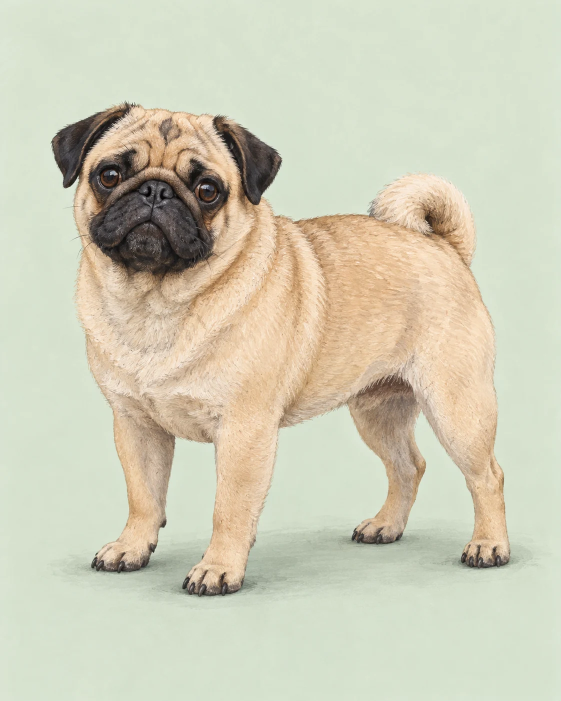 Mops · Kurz und glatt · Originalillustration des ganzen Hundes