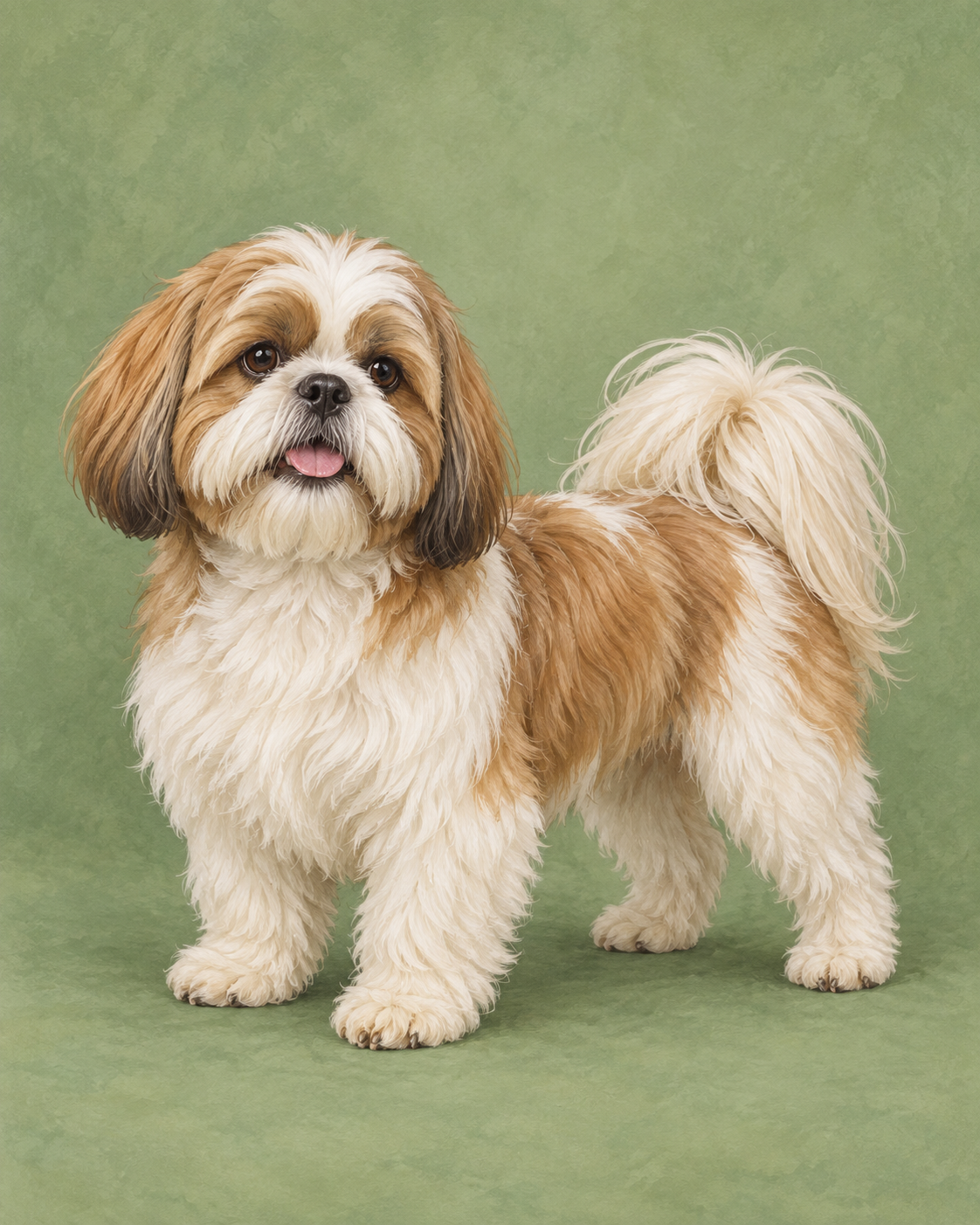 Redaktionelle Illustration eines goldweißen Shih Tzu vor salbeigrünem Hintergrund