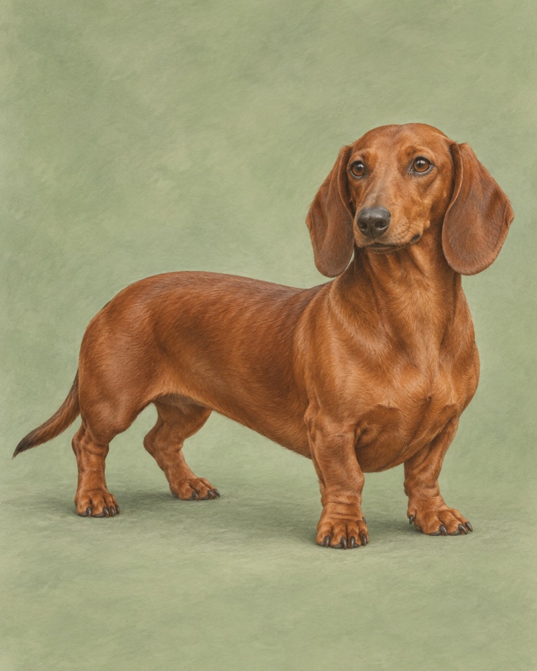 Editorial illustration of a smooth-haired Dachshund standing against a soft green background