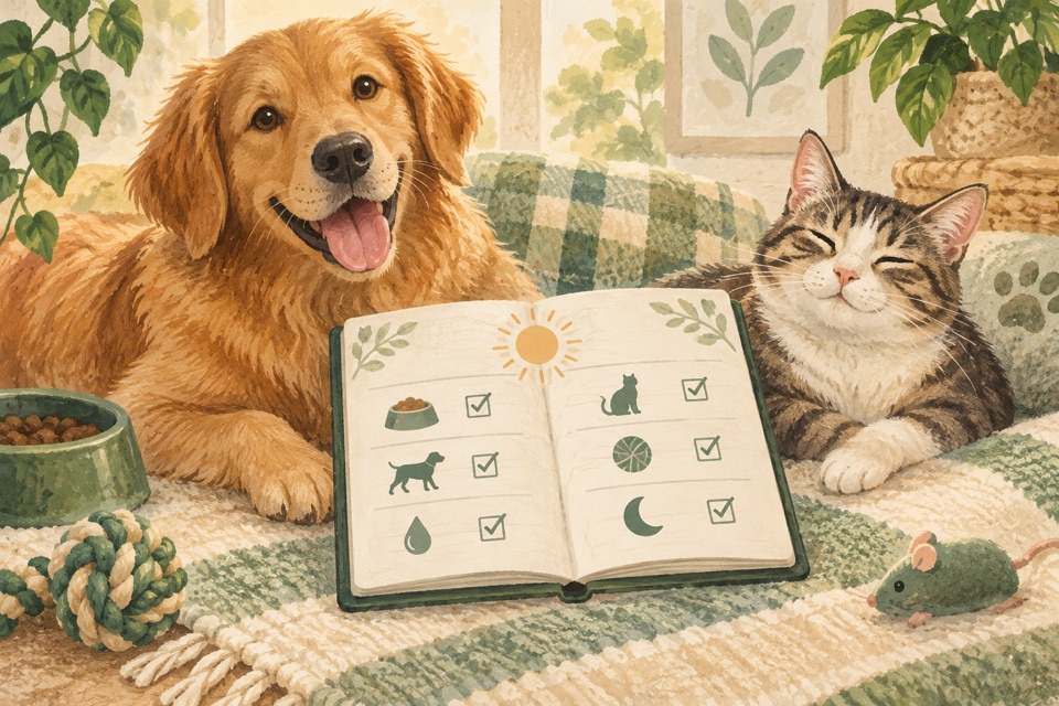 Dog and cat beside a daily care plan