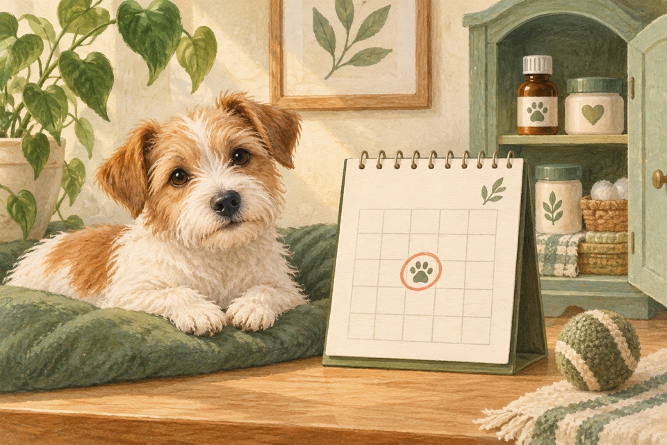 Dog beside a care reminder