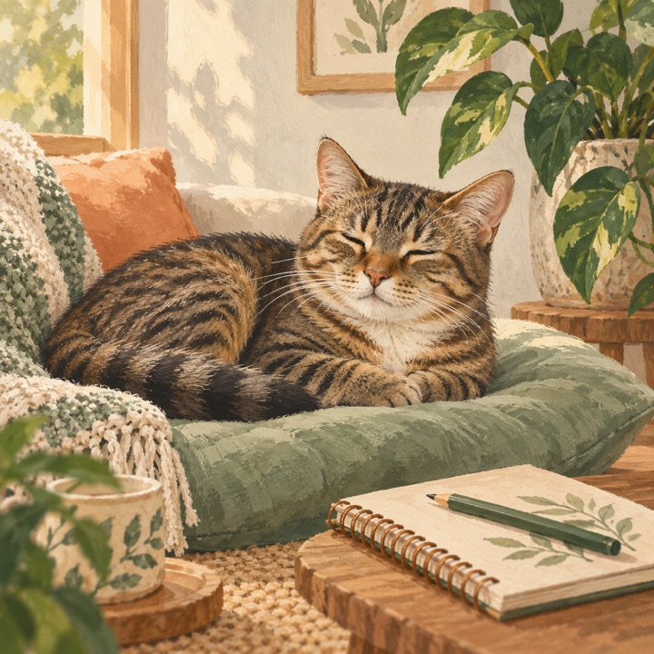 Illustration of an adult pet at home