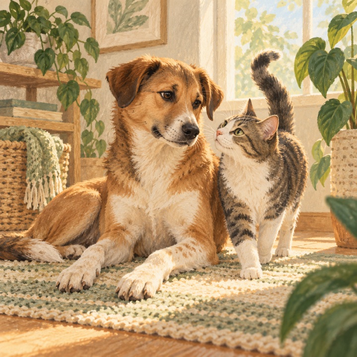 Illustration of a young pet at home