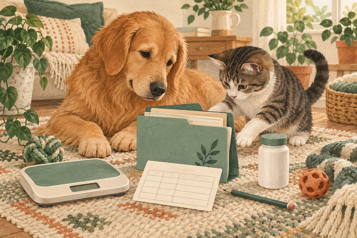 A dog and cat beside a folder, care card and weighing scale.