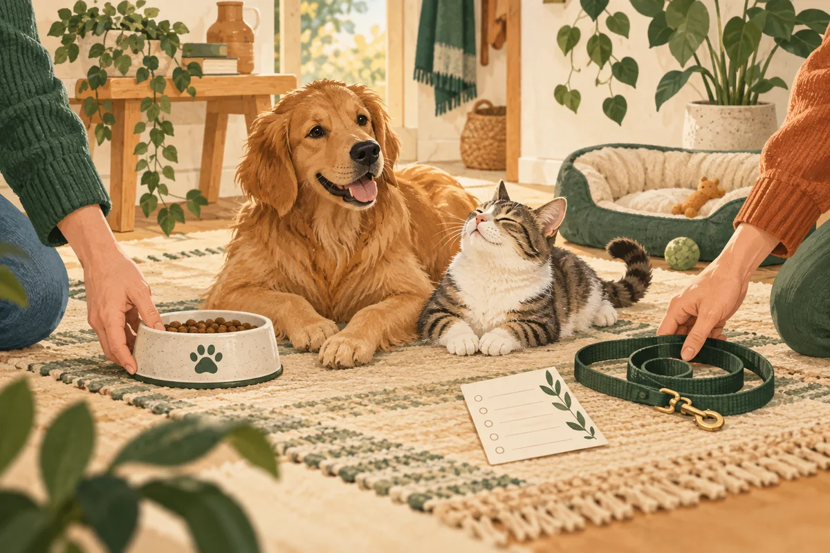 Two caregivers prepare a bowl and a lead beside a dog and cat.