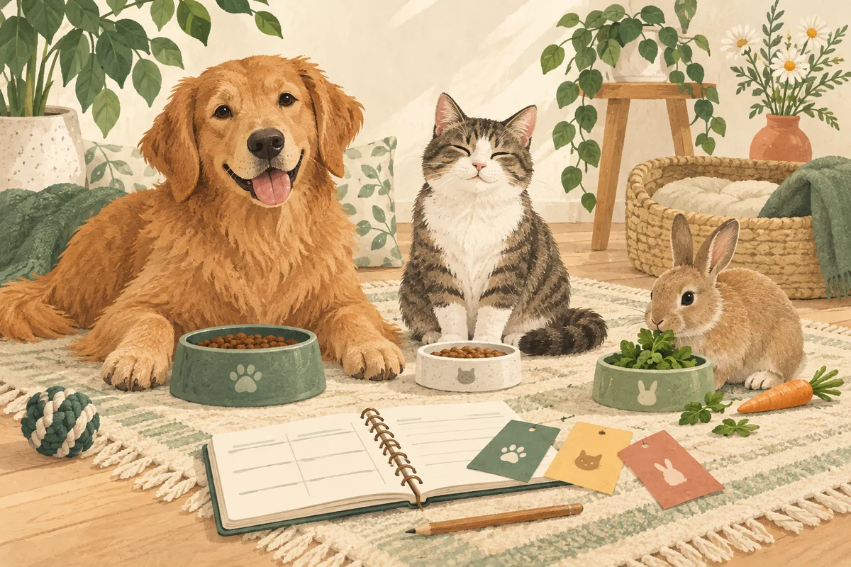 A dog, cat and rabbit with their bowls and a care planner.