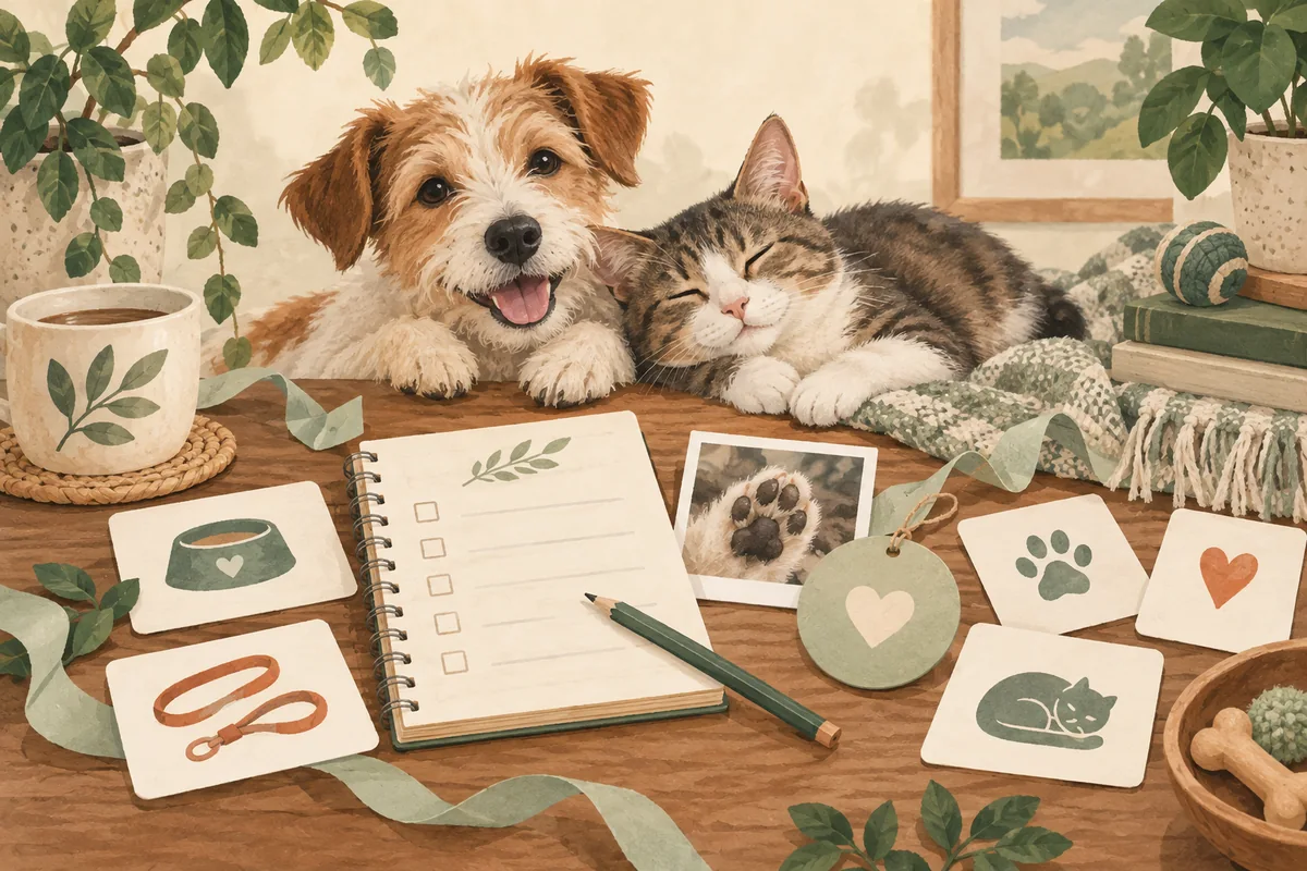 Hund und Katze neben einem Planer, einem Foto und Pflegekarten.