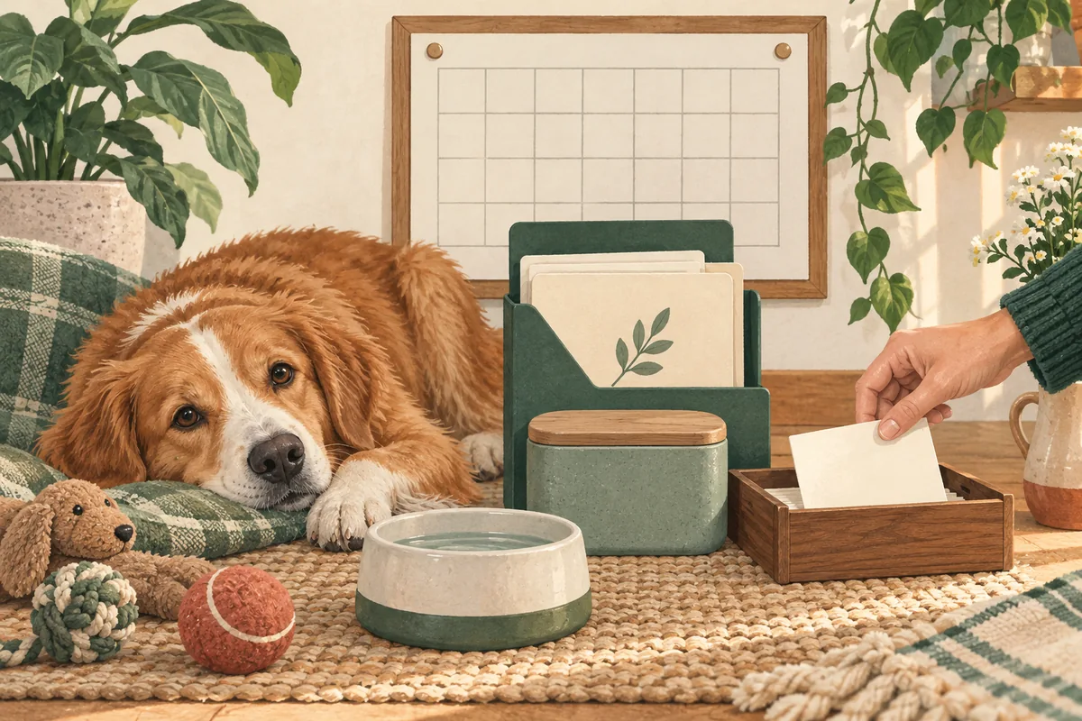 A resting dog beside a calendar, document organizer and water bowl.