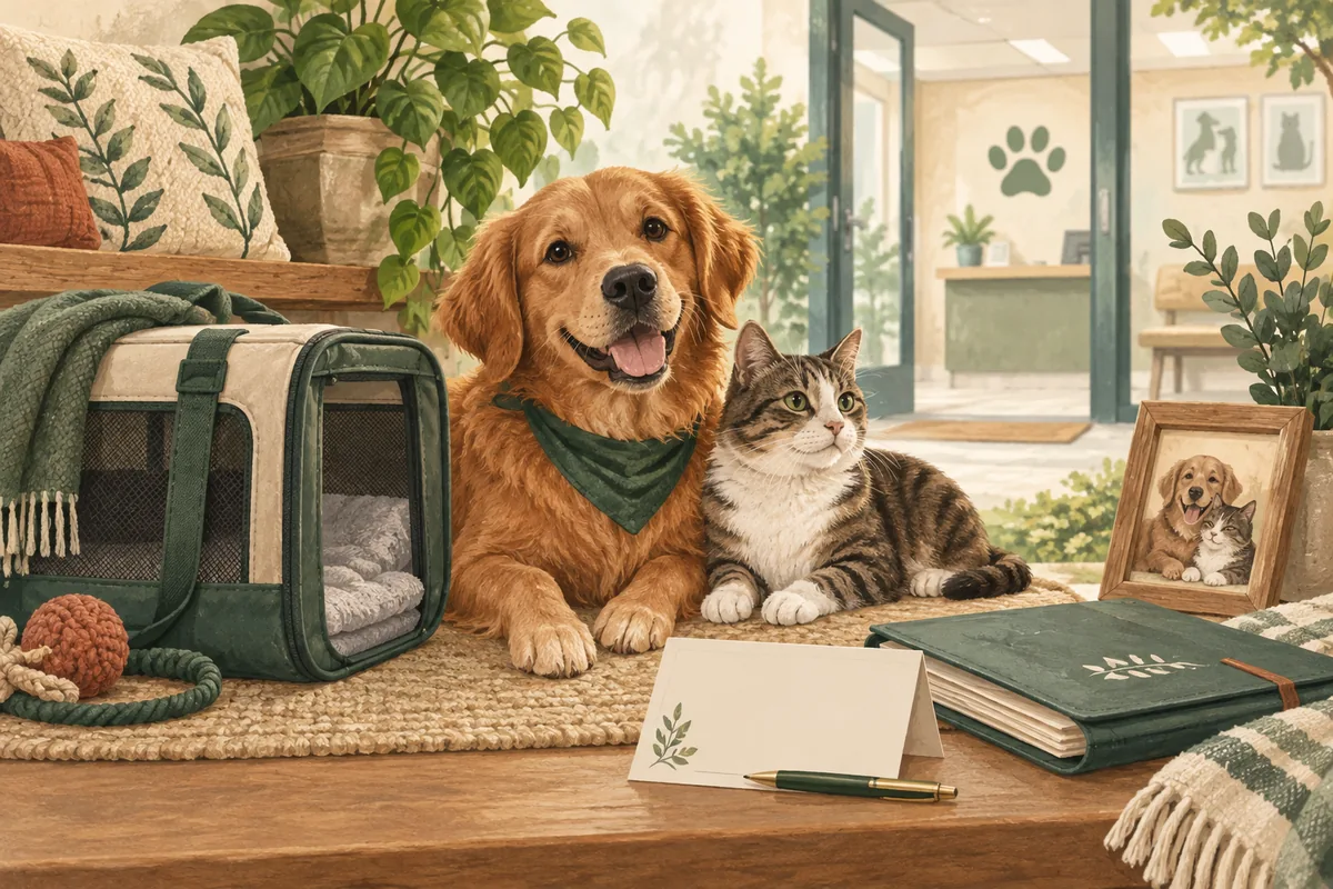 A dog and cat with a carrier and care folder near a veterinary clinic.
